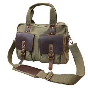 Men's Brown Leather and Olive Canvas Messenger Padded Laptop Briefcase Bag